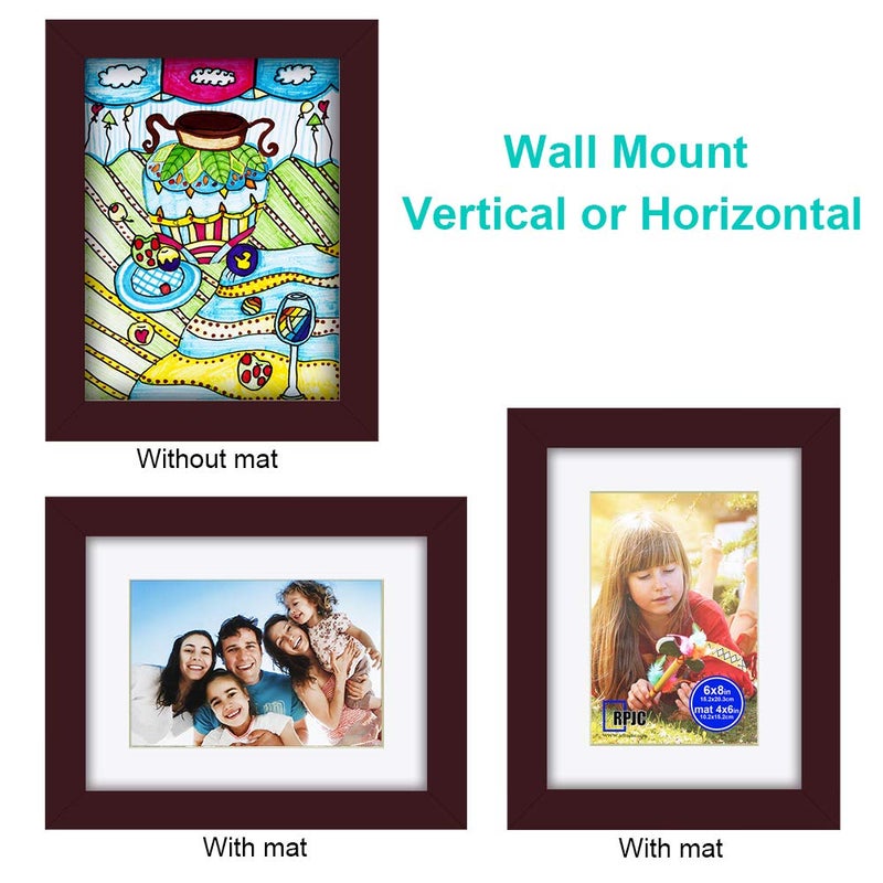 RPJC RPJC 6x8 inch Picture Frame Made of Solid Wood and High Definition Glass Display Picture 4x6 with Mat or 6x8 Without Mat for Wall Mounting Photo Frames Dark Brown - Image 5