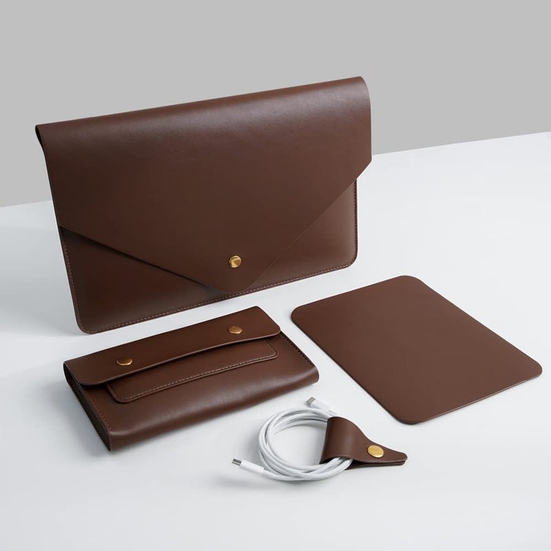 Benfan PU Leather Laptop Sleeve 13 Inch Compatible for 13 MacBook Air M3 M2,13 MacBook Pro M2, Surface Pro, Dell XPS 13 with Small Pouch, Mouse Pad and Cord Organizer Color Dark Brown - Image 1