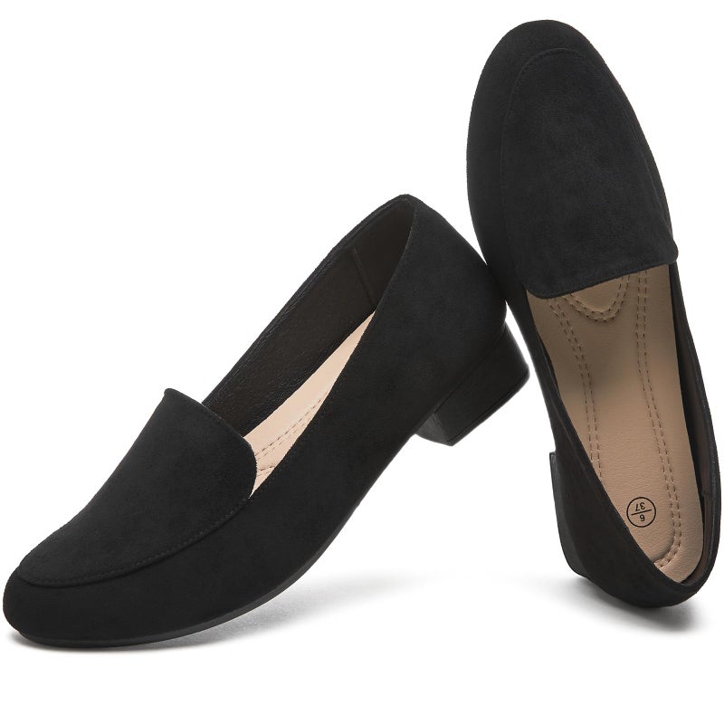 FINIWOR Womens Black Chunky Low Heel Pumps Suede Dress Flats Shoes Comfortable Work Loafers Business Office Shoesï¼ˆBlack 08 - Image 1