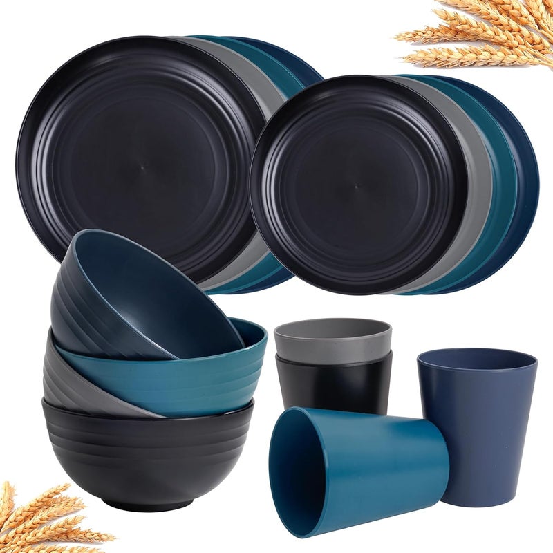 Rubtlamp 16Pcs Plastic Wheat Straw Dinnerware Set Reusable Plastic Dishes Set for 4 Kitchen Plates And Bowls Set Deep Four Colors Include Dinner Plates Dessert Plates Cereal Bowls Cups - Image 1
