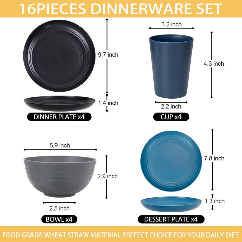 Rubtlamp 16Pcs Plastic Wheat Straw Dinnerware Set Reusable Plastic Dishes Set for 4 Kitchen Plates And Bowls Set Deep Four Colors Include Dinner Plates Dessert Plates Cereal Bowls Cups - Image 2