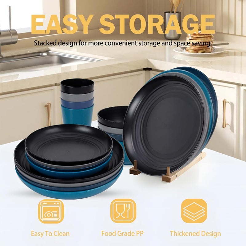Rubtlamp 16Pcs Plastic Wheat Straw Dinnerware Set Reusable Plastic Dishes Set for 4 Kitchen Plates And Bowls Set Deep Four Colors Include Dinner Plates Dessert Plates Cereal Bowls Cups - Image 5