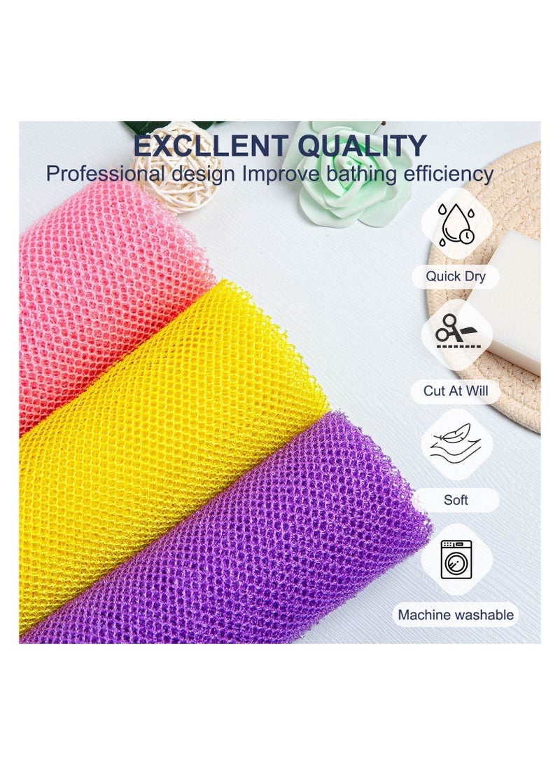 3 Pack African Net Bath Sponges, Premium Nylon Long Exfoliating Body Scrubbers, Stretchy Back Wash Cloth for Deep Cleansing and Skin Smoothing, Gift Set for Women & Men, Pink/Purple/ Yellow - Image 1