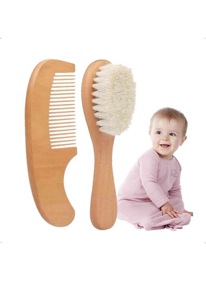 erorex Baby Hair Brush 2 Pcs Baby Brush And Comb Set Nature Lotus Wood With Soft Goat Bristle And Pear - Image 1