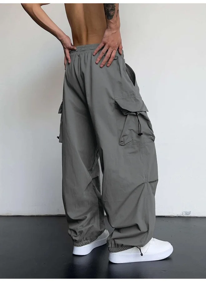 Maniac Mens Solid Side Pockets Grey Nylon fabric Baggy fit Cargo Pant