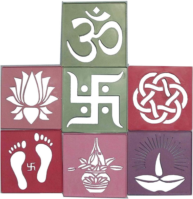 Ascension 12 Different Design Draw Rangoli Making Kit Rangoli Stamp Om Swastik Flower Design Colourful Rangoli Making Stencils & 6 Border Stencils Multi Designs - Image 5