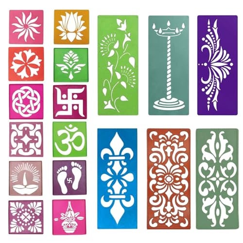 Ascension 12 Different Design Draw Rangoli Making Kit Rangoli Stamp Om Swastik Flower Design Colourful Rangoli Making Stencils & 6 Border Stencils Multi Designs - Image 1