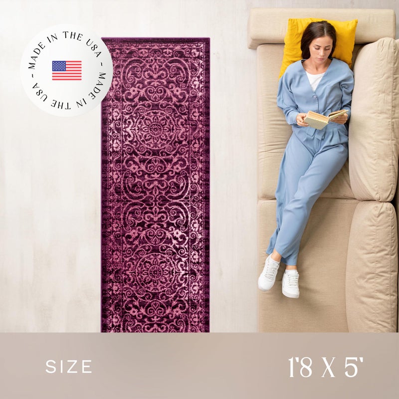 Maples Rugs Pelham Transitional Runner Rug - Made in USA - Washable, Non Slip, Indoor Carpet for Hallway, Kitchen, and Laundry Room, 1'8 x 5, Wineberry - Image 3