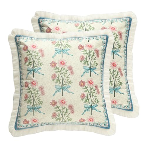patdrea Designer French Country Velvet Throw Pillow Cover 18x18 inchesElegant Blue Pink Small Floral PatternDecorative Square Pillowcases Cushion for Bed Living Room Outdoor CarPack of 2 - Image 1