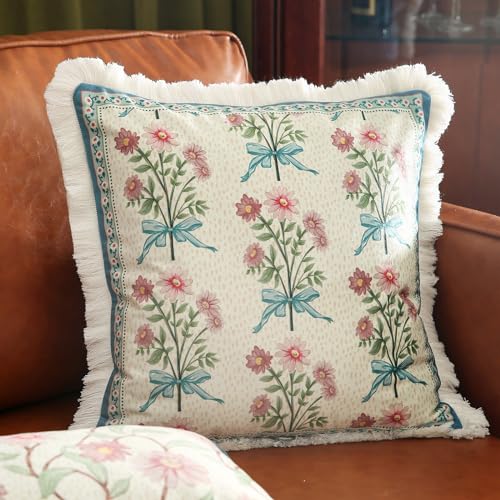 patdrea Designer French Country Velvet Throw Pillow Cover 18x18 inchesElegant Blue Pink Small Floral PatternDecorative Square Pillowcases Cushion for Bed Living Room Outdoor CarPack of 2 - Image 3