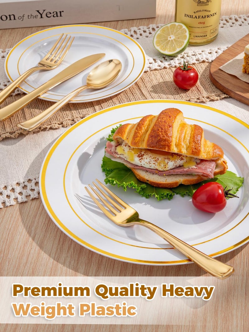 WDF 120 pieces Gold Disposable Plastic Plates - White and Gold Plates Include 10.25" Dinner Plate & 7.5" Salad Plate for Party Baby Shower Wedding Spring - Image 4