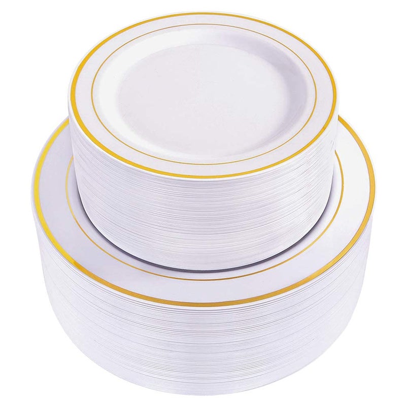 WDF 120 pieces Gold Disposable Plastic Plates - White and Gold Plates Include 10.25" Dinner Plate & 7.5" Salad Plate for Party Baby Shower Wedding Spring - Image 1