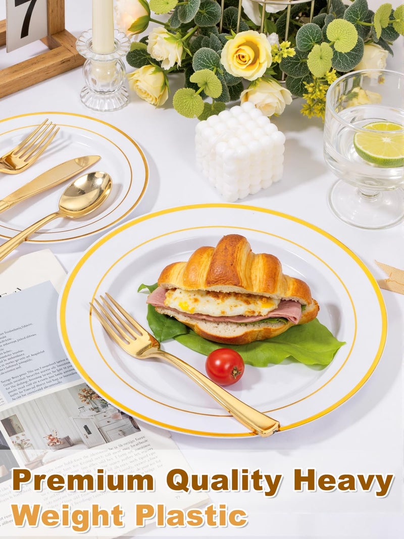 WDF 120 pieces Gold Disposable Plastic Plates - White and Gold Plates Include 10.25" Dinner Plate & 7.5" Salad Plate for Party Baby Shower Wedding Spring - Image 2