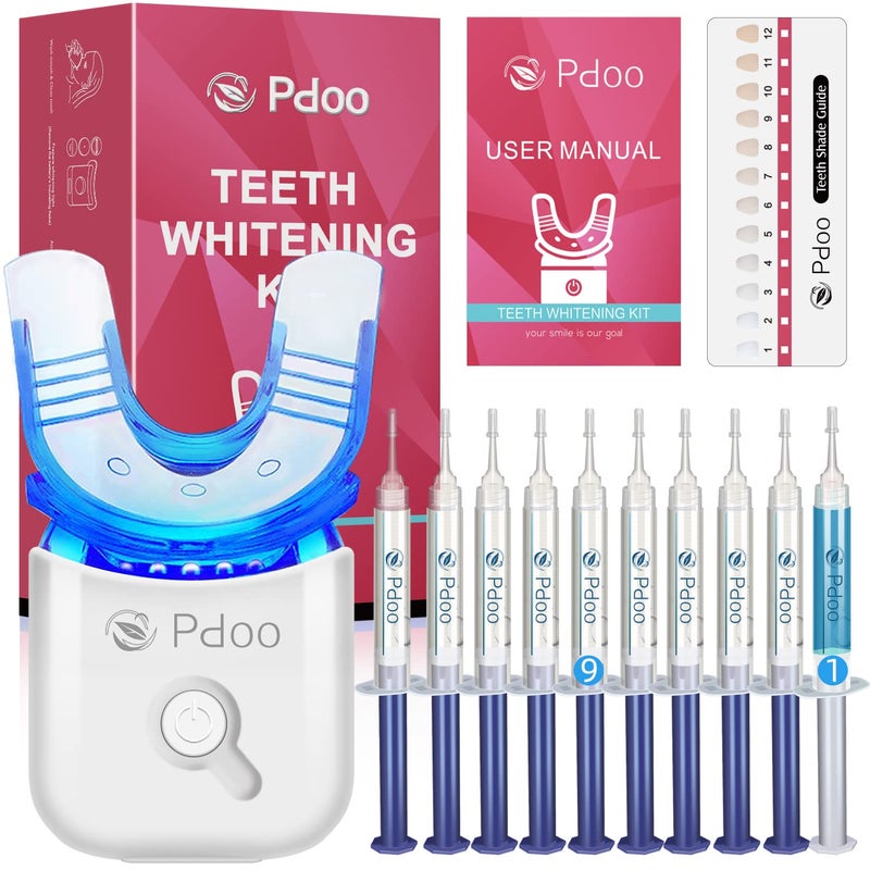 PDOO طقم تبييض الأسنان مع صينية أضواء LED للأسنان الحساسة، 10x جل قلم التبييض، مبيض الأسنان في المنزل، خالي من الألم وآمن للمينا، حتى 1-9 درجات أفتح في 1-2 أسابيع، أسرع 2-3 مرات من الشرائط - Image 1