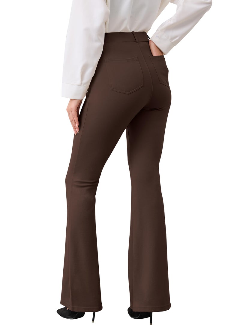 VIMPEP Flare Yoga Dress Work Pants Women High Waisted Pull On Stretchy Slacks Flared Leggings for Business Casual with Pockets 31 Brown L - Image 2