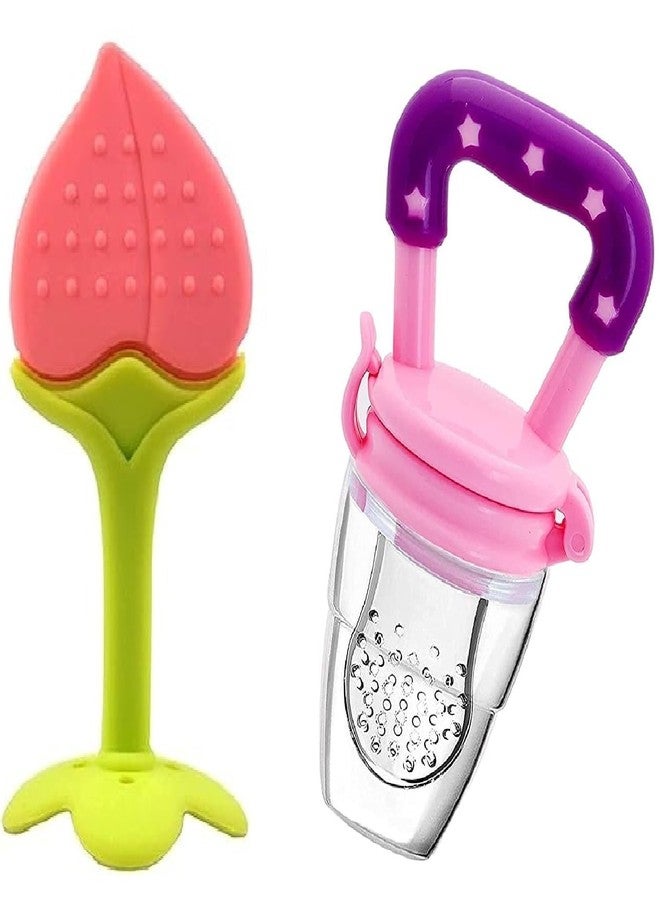 Chopchi Silicone Fruit Shape Teether and Fruit Pacifier for 6-12 Months Babies Combo Pack Color Pink Set - Image 1