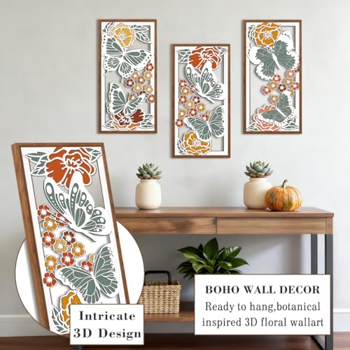 BINCUE Boho Floral Wall Art,Butterfly Wall Decor,Flower Wall Art Butterfly,Spring Artwork Wildflower,Modern Mid Century Hanging Decor Bohemian Botanical for Living Room Bedroom Bathroom 8x16 Inches - Image 3