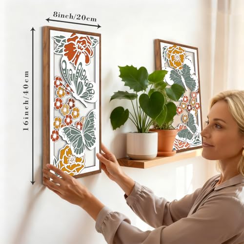 BINCUE Boho Floral Wall Art,Butterfly Wall Decor,Flower Wall Art Butterfly,Spring Artwork Wildflower,Modern Mid Century Hanging Decor Bohemian Botanical for Living Room Bedroom Bathroom 8x16 Inches - Image 2