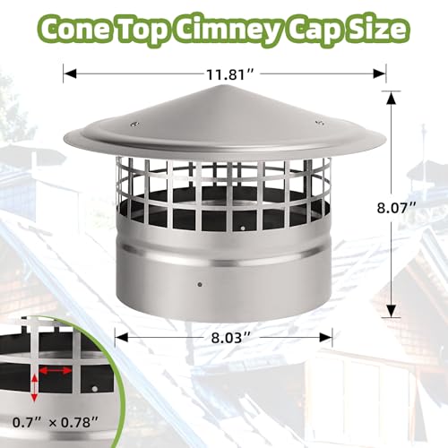 CLLOMAGY 8 Inch Cone Top Chimney Cap with Screen,8" Round Roof Rain Chimney Cover Fireplace Wood Stove Pipe Rain Cap Fireplace Exhaust Roof Vent Cover Guard-304 Stainless Steel,Maximize Airflow Better Vent - Image 4