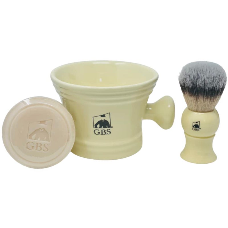 GBS Heavy Duty Ceramic Shaving Set Ivory Mug with Knob Handle Faux Ivory Handle Brush 3 oz Natural LongLasting Lather Soap Classic Wet Shaving Kit for Men