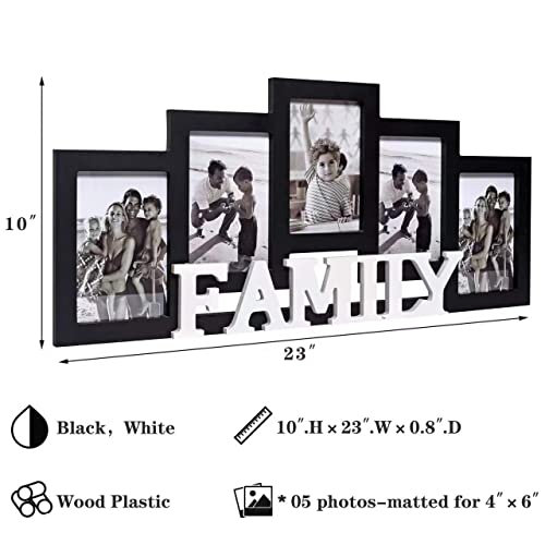 JUMBO HUMBLE Wood Wall Hanging Family Picture Photo Frame Collage, 4 x 6 Photo Frames for Family Pictures Wall Decor, 5 Openings Black - Image 2
