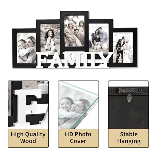 JUMBO HUMBLE Wood Wall Hanging Family Picture Photo Frame Collage, 4 x 6 Photo Frames for Family Pictures Wall Decor, 5 Openings Black - Image 3