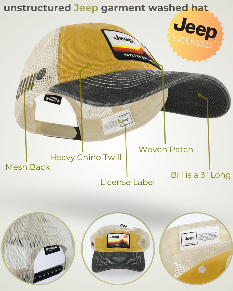 Jeep Have Fun Out There Patch Garment Washed Trucker Hat Unstructured (US, Alpha, One Size, Yellow) - Image 2