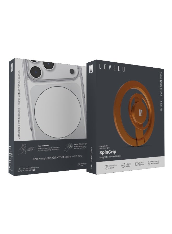 LEVELO Strong Phone Ring Holder Stand Phone Finger Grip Kickstand, 360° Full Rotation, Built-In Spinner, Ultra Strong N52 Magnet, Strong Hold, Seamless Spin, Compatible with iPhone 14/15/16/17 Series & Android Smart Phones - Orange - Image 2