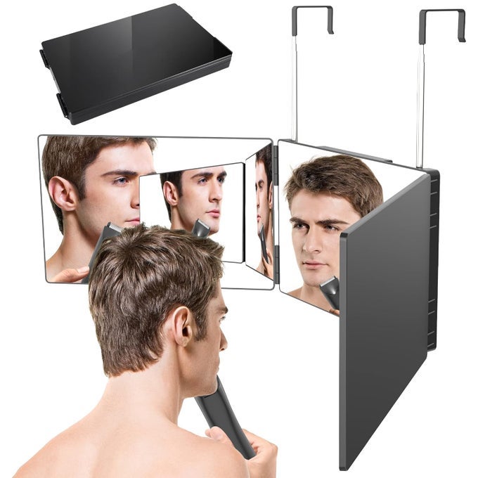 3 WAY TRIFOLD HAIRCUT MIRROR 360 DEGREE MIRROR FOR HAIR CUTTING SHAVING GROOMING HAIR STYLING DYE HAIR AND MAKEUP WITH ADJUSTABLE HEIGHT BRACKETS PORTABLE FOR TRAVEL BEDROOMS BATHROOM