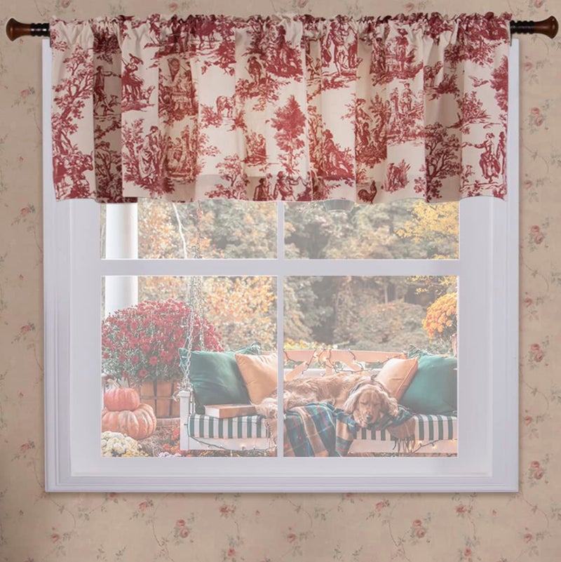 Red and Cream Beige Valance Curtains for Kitchen WindowsCountry Farmhouse Style Vintage Toile de Jouy Printed Pattern on White Cotton Fabric Floral Valances for Living Room Bedroom18 Inch Length