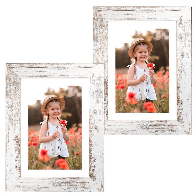 5x7 Picture Frame Set of 2 Real Glass and Wood Patten Distressed White Frame Display 5x7 Picture Without mat or 4x6 Photos with Mat for Wall Decor or Table Top