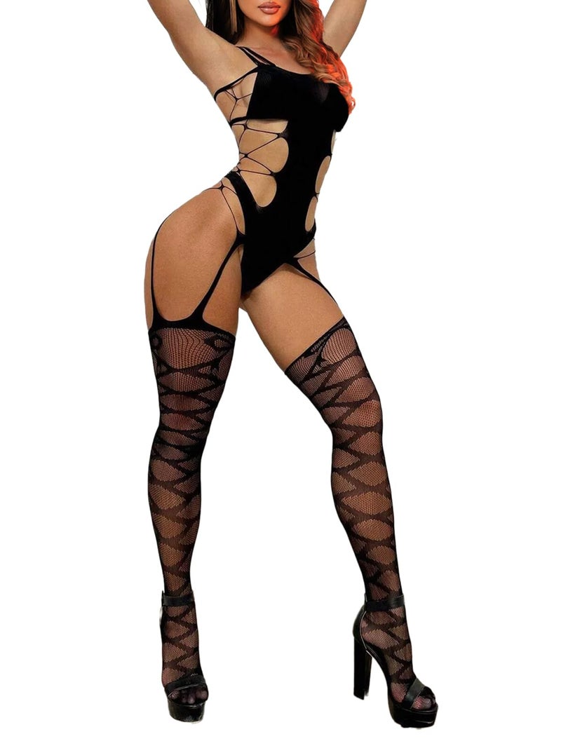 Buitifo Womens Fishnet Bodystocking Plus Size Crotchless Bodysuit Sexy Tights Soft Nightwear Lingerie (Black T08B,M) - Image 1