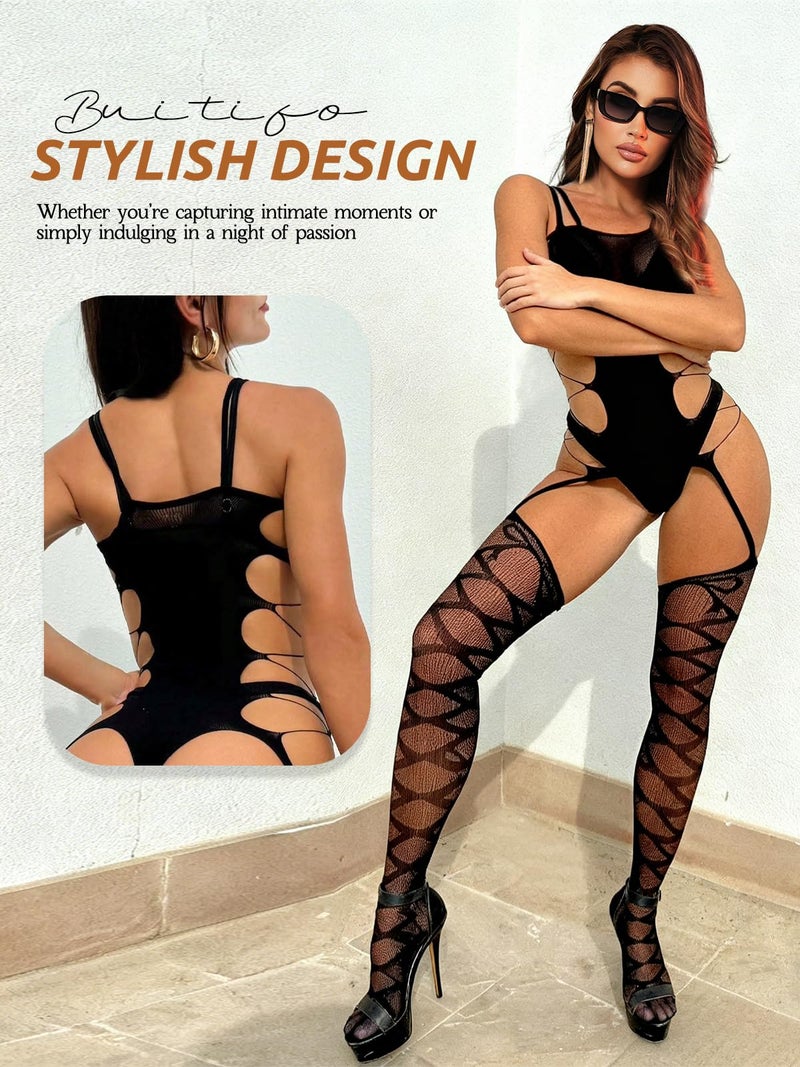 Buitifo Womens Fishnet Bodystocking Plus Size Crotchless Bodysuit Sexy Tights Soft Nightwear Lingerie (Black T08B,M) - Image 4