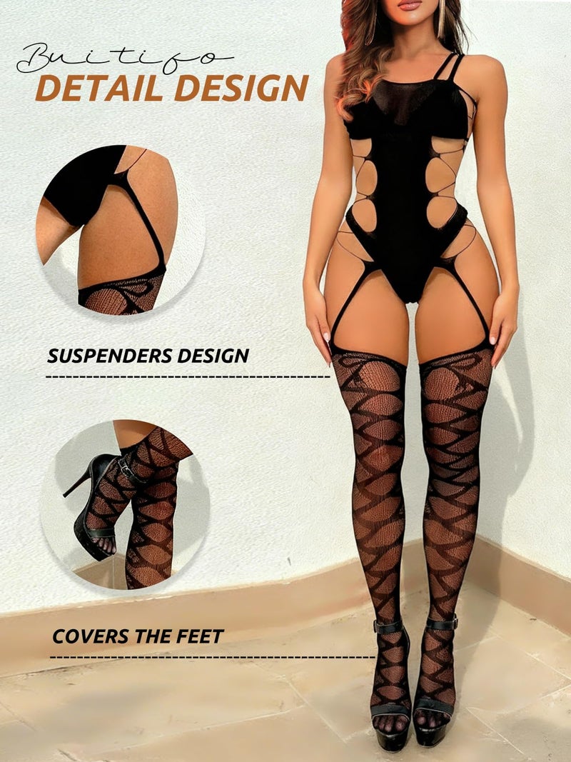 Buitifo Womens Fishnet Bodystocking Plus Size Crotchless Bodysuit Sexy Tights Soft Nightwear Lingerie (Black T08B,M) - Image 2