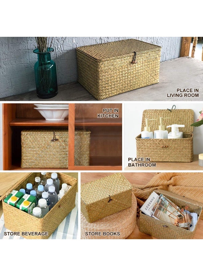 LINGWEI Woven Wicker Storage Bins with Lid Set of 3 Rectangular Seagrass Basket and Storage Basket with Lid - Rattan Storage Organizer for Shelf - Image 5
