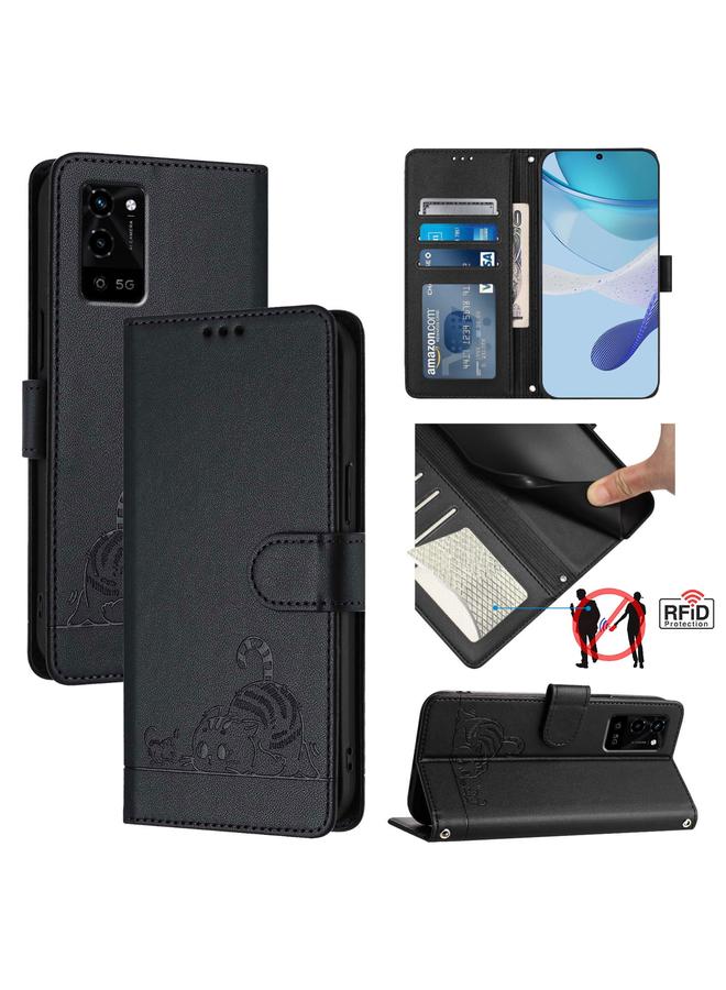 S-TOP Case For OPPO A16 / A16S / A55S 5G Cat Rat Embossed Pattern RFID Leather Phone Case with Lanyard - Image 1