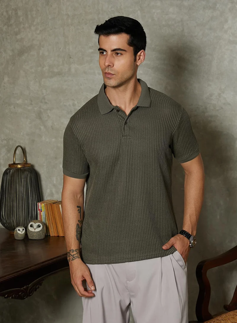 Campus Sutra Campus Sutra Men’s Sage Green Ribbed Polo T-Shirt | Half Button | Short Sleeves | Casual Wear