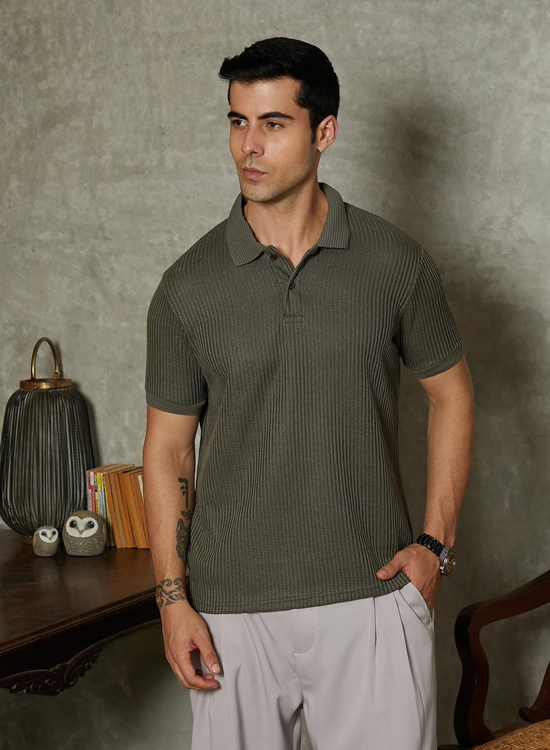Campus Sutra Men's Chalk White & Sage Green Contrast Ribbed Polo T-Shirt - Image 2