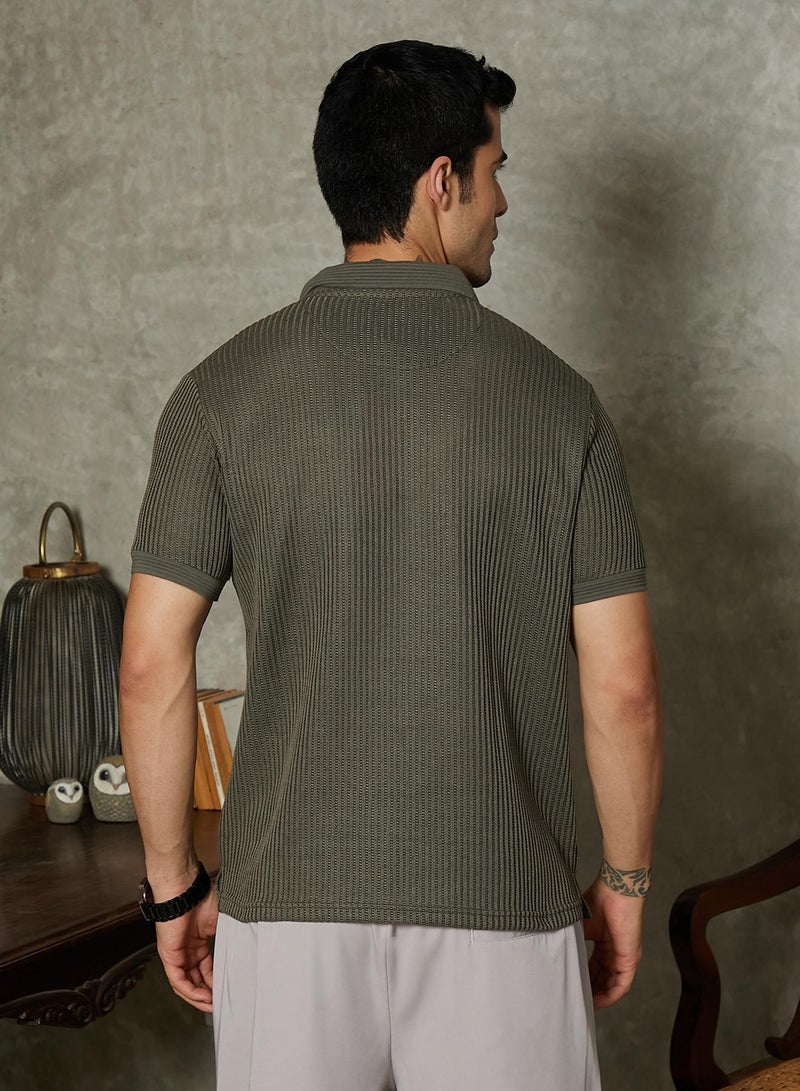 Campus Sutra Men's Chalk White & Sage Green Contrast Ribbed Polo T-Shirt - Image 5