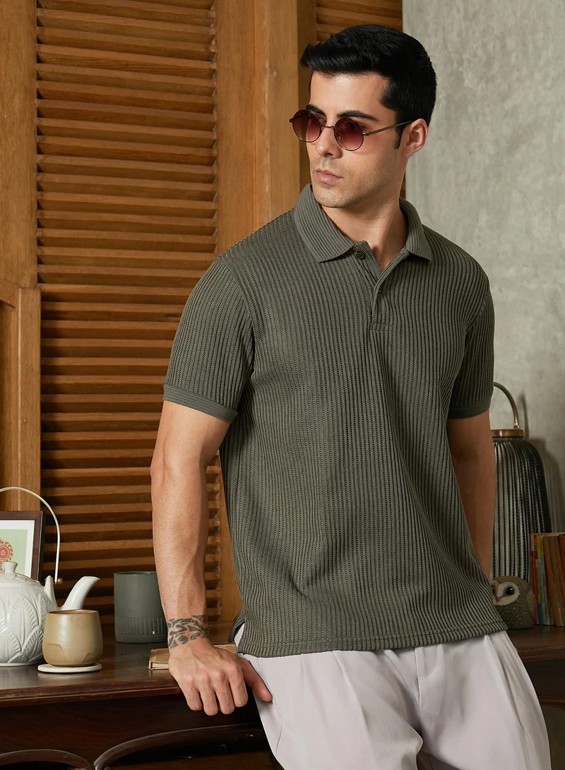 Campus Sutra Campus Sutra Men’s Sage Green Ribbed Polo T-Shirt | Half Button | Short Sleeves | Casual Wear