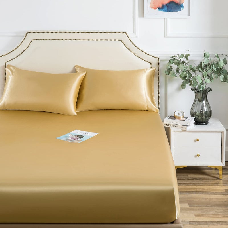 Luxbedding Satin Fitted Sheet  Twin Fitted Sheet Only  1 - Piece Ultra Soft Deep Pocket Single Silk Bottom Bed Sheet Twin - Gold 