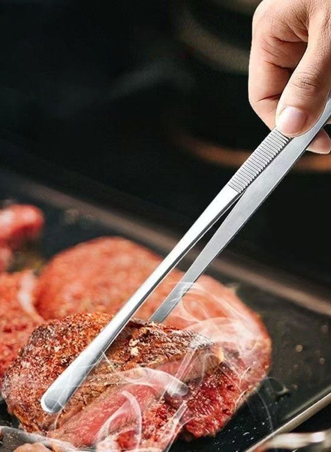 Hanayo 2 Pcs Food Tongs 25cm Kitchen Tweezers Stainless Steel Korean and Japanese Style Barbecue Tweezer Professional Cooking Tweezers for Grilling Cooking Serving Positioning Dessert Decoration(Silver) - Image 4