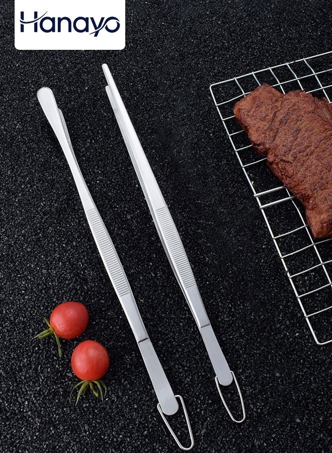 Hanayo 2 Pcs Food Tongs 25cm Kitchen Tweezers Stainless Steel Korean and Japanese Style Barbecue Tweezer Professional Cooking Tweezers for Grilling Cooking Serving Positioning Dessert Decoration(Silver) - Image 1