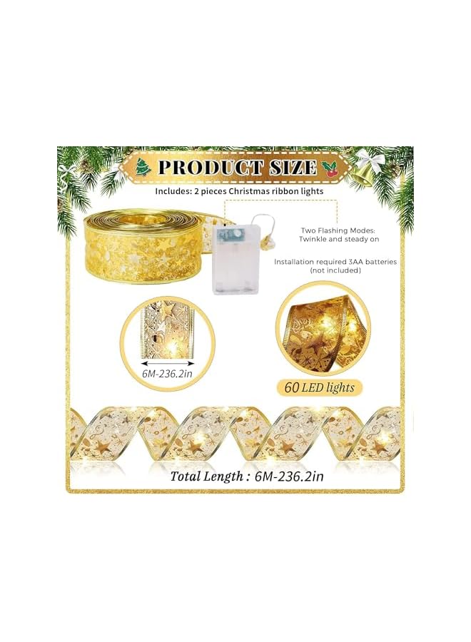 The Bros 2Pcs Christmas Ribbon Lights, Christmas Tree Ribbon Lights 19.6ft 60 Lights Warm White Double Layer Ribbon Fairy Lights for Christmas Party Garden Indoor Outdoor Decors  - Image 3