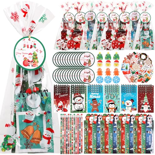 Saypacck 194 Pcs Christmas Party Favors Bulk Christmas Stationery Gift Set Notebook Pencil Ruler Eraser Sticker Bags Cards Goodie Bags Stocking Stuffers for Classroom Students Prizes Office Supplies - Image 1