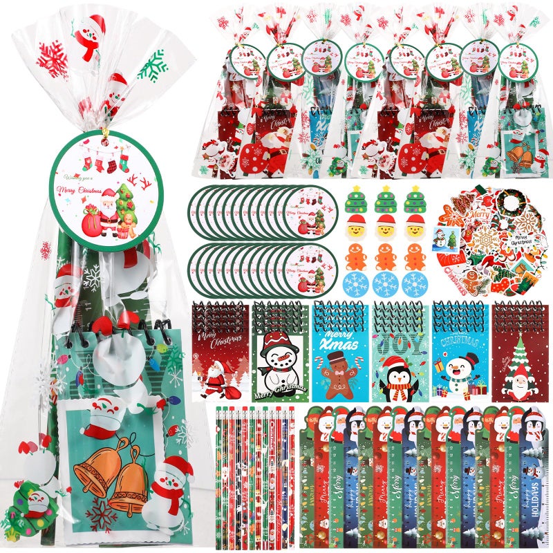 Saypacck 194 Pcs Christmas Party Favors Bulk Christmas Stationery Gift Set Notebook Pencil Ruler Eraser Sticker Bags Cards Goodie Bags Stocking Stuffers for Classroom Students Prizes Office Supplies - Image 3