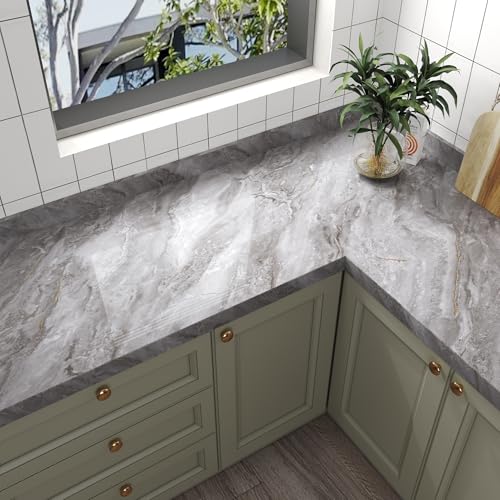 BAYYA Light Grey Marble Peel and Stick Countertop Contact Paper Granite Counter Top Vinyl Wrap Glossy Waterproof Removable Heat-Resistant Kitchen Counter Covers Wallpaper for Table Walls 15.8"x118" - Image 4