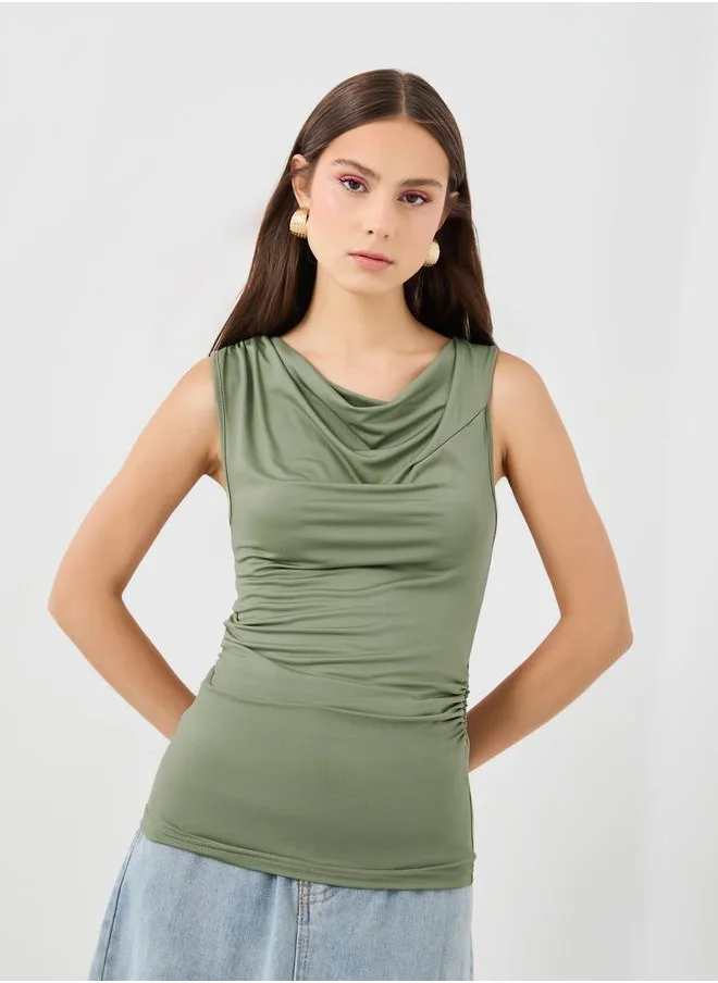 Take Two Take Two Solid Sleeveless Cowl Neck Fitted Top