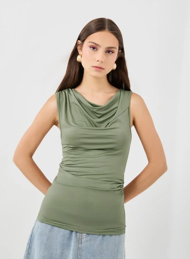 Take Two Take Two Solid Sleeveless Cowl Neck Fitted Top