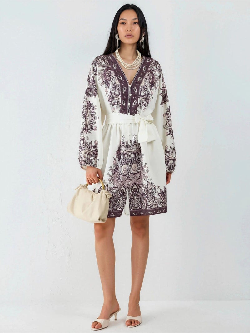 Jennyfer Belted Mini Dress with V-Neck in Paisley - Image 5